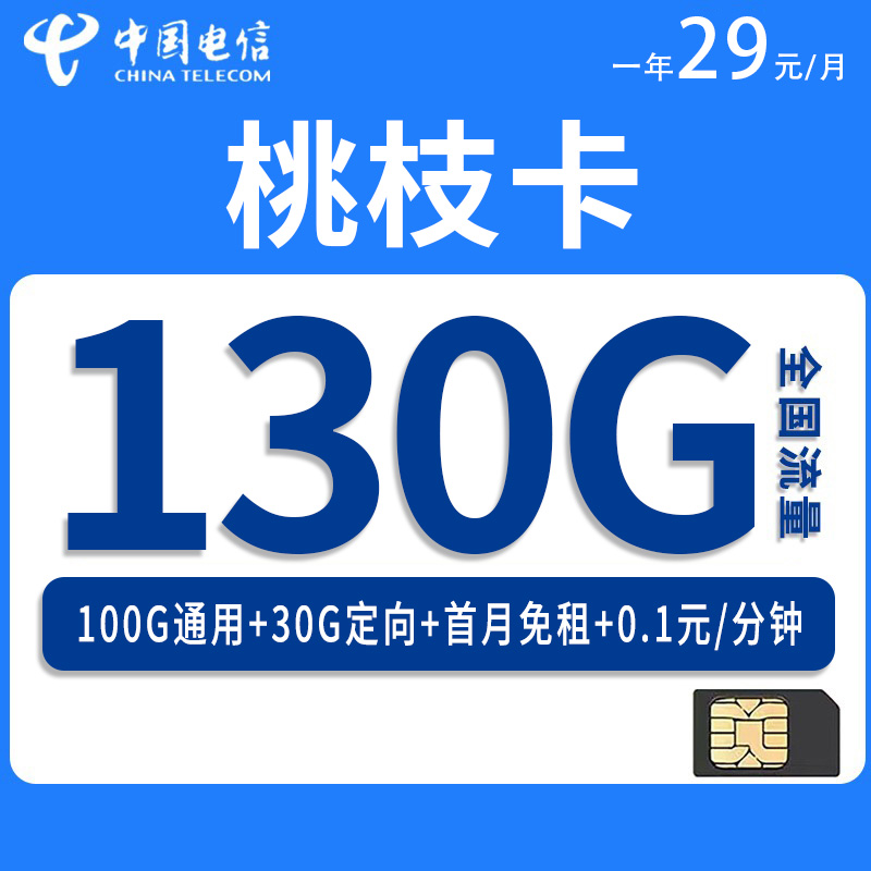 电信桃枝卡，月租套餐29元包含100G通用流量+30G定向流量+通话0.1元/分钟！