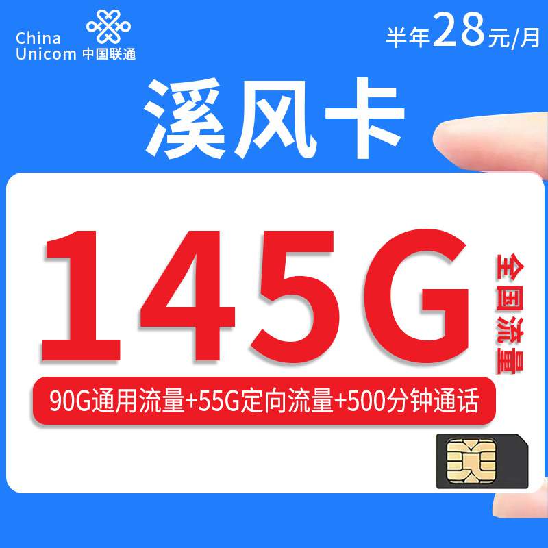 联通溪风卡，月租套餐28元90G通用流量+55G定向流量+500分钟通话时长！
