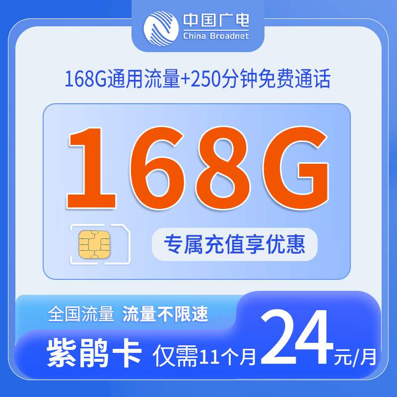 广电紫鹃卡，月租套餐24元168G全国通用流量+250分钟通话时长！