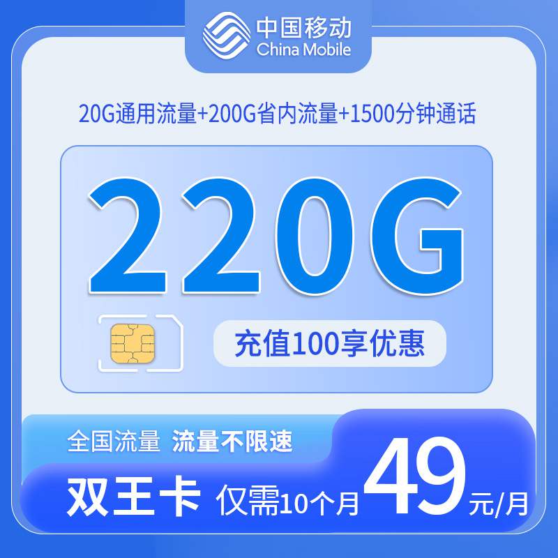 【山东专属】移动双王卡，月租套餐49元20G通用流量+200G省内流量+1500分钟通话时长！