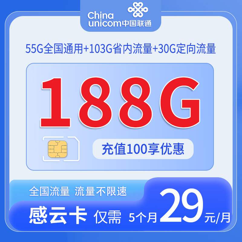 【广东专属】联通感云卡，月租套餐29元55G通用流量+103G广东通用+30G定向流量+语音通话0.1元/分钟！