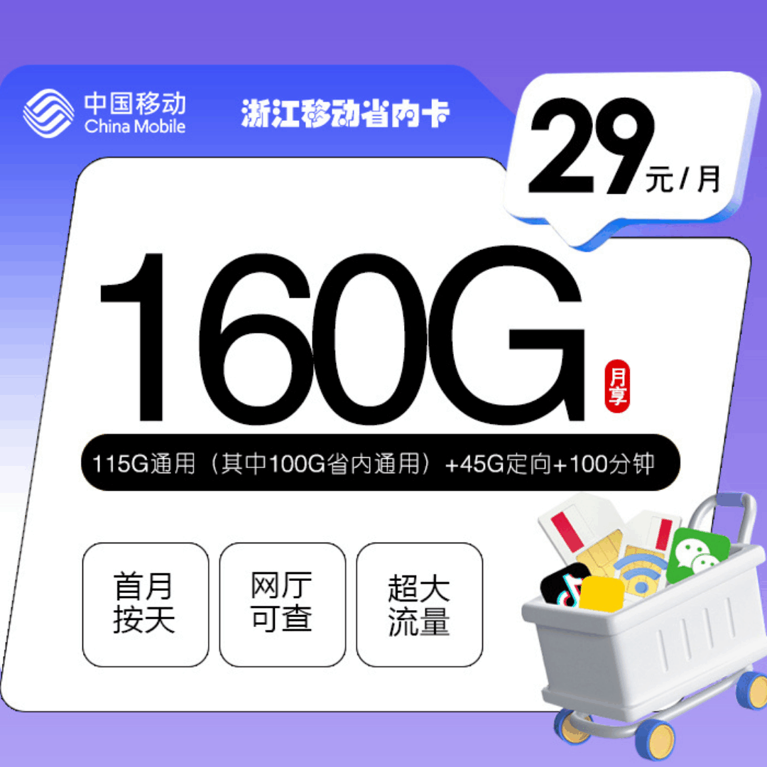 【浙江专属】移动浙江卡，月租套餐29元15G通用流量+100G江苏通用+45G定向流量+100分钟语音通话！