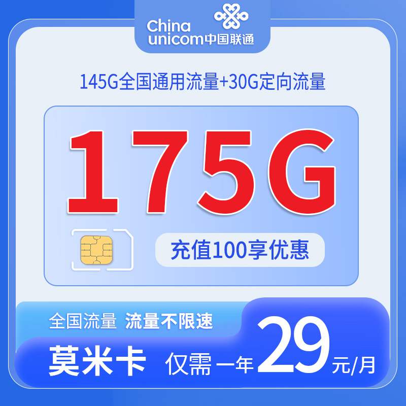 【江西专属】联通莫米卡，月租套餐29元145G通用流量+30G定向流量+语音通话0.15元/分钟！