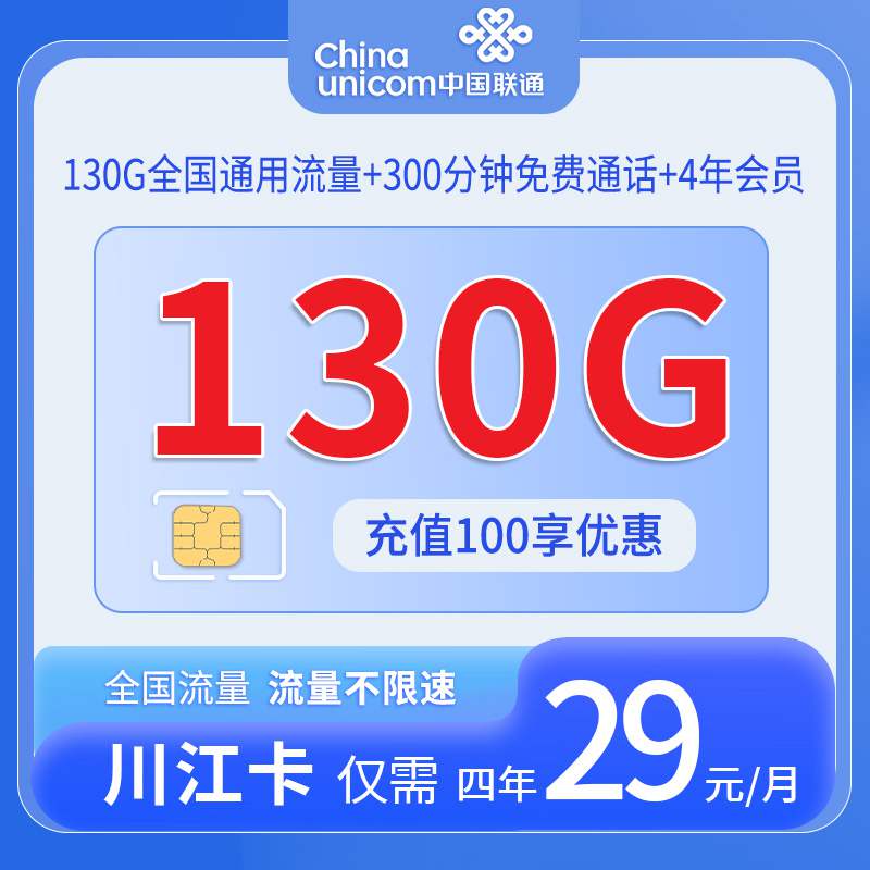 联通川江卡，月租套餐29元130G通用流量+300分钟语音通话+赠送4年会员