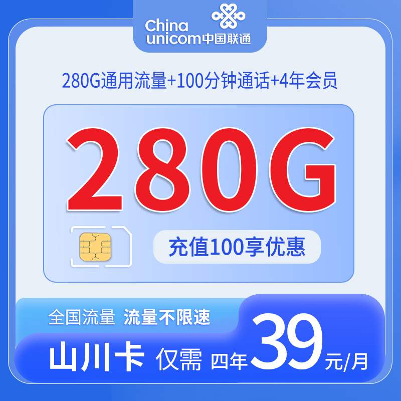 联通山川卡，月租套餐39元280G通用流量+100分钟语音通话+赠送四年会员！