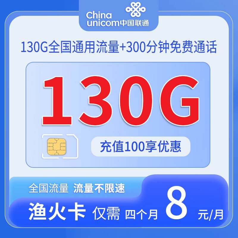 联通渔火卡，月租套餐8元130G通用流量+300分钟通话时长！