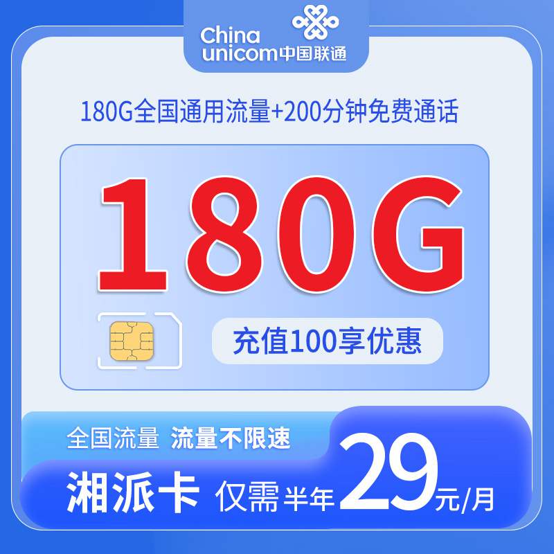 【湖南专属】联通湘派卡，月租套餐29元180G通用流量+200分钟通话时长！