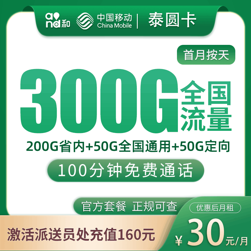 【山东专属】移动泰圆卡，月租套餐30元包含250G通用流量+50G定向流量+语音通话100分钟！